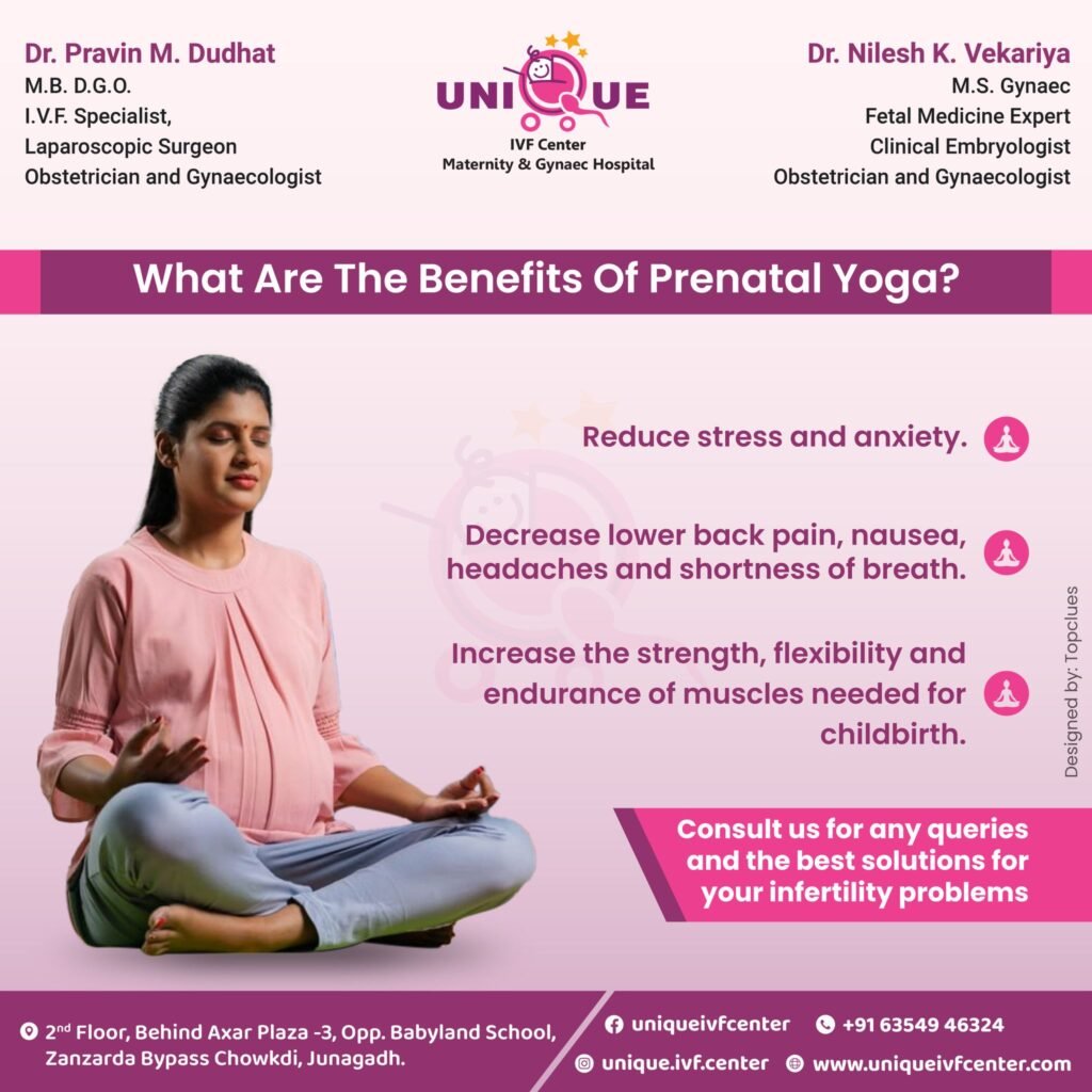 prenatal yoga, benefits of prenatal yoga, pregnancy yoga, yoga for pregnant women, stress relief during pregnancy, back pain relief in pregnancy, pregnancy discomfort relief, prenatal exercises, prenatal fitness, healthy pregnancy, labor preparation, postpartum recovery, sleep improvement during pregnancy, mindfulness in pregnancy, IVF pregnancy care, Unique IVF Centre, best IVF center in Junagadh, ICSI treatment in Junagadh, fertility treatments, holistic pregnancy care