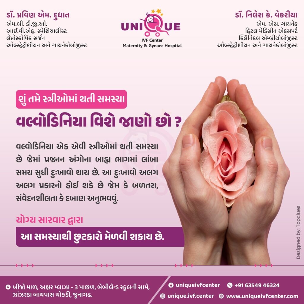 vulvodynia treatment in Junagadh, vulvodynia symptoms, causes of vulvodynia, chronic vulvar pain, burning sensation in vulva, best gynecologist in Junagadh, women’s health clinic Junagadh, pelvic pain in women, Unique IVF Hospital Junagadh, gynecology care Junagadh, pain during intercourse, pudendal nerve irritation, pelvic floor physiotherapy Junagadh, emotional impact of vulvodynia, holistic vulvodynia care, female genital pain, sensitive vulva treatment, dyspareunia treatment Junagadh