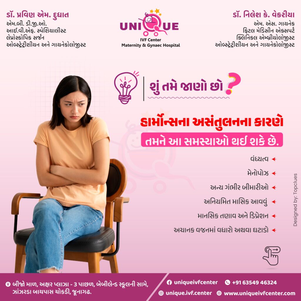 hormonal imbalance and infertility, IVF center in Junagadh, ICSI treatment in Junagadh, symptoms of hormonal imbalance in women, causes of infertility in women, best fertility centre in Junagadh, Unique IVF Hospital Junagadh, hormonal issues and reproductive health, IVF for PCOS and thyroid, treatment for irregular menstruation