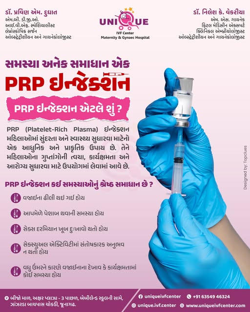 PRP injection Junagadh, women’s health Junagadh, vaginal rejuvenation Junagadh, PRP therapy for women Junagadh, PRP treatment Junagadh, Unique IVF Hospital, fertility centre in Junagadh, best IVF center Junagadh, ICSI treatment Junagadh, non-surgical women’s health treatment